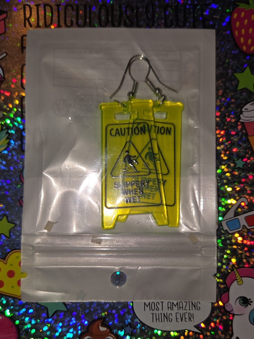 Yellow 'Caution' Wet Floor Sign Dangle Earrings